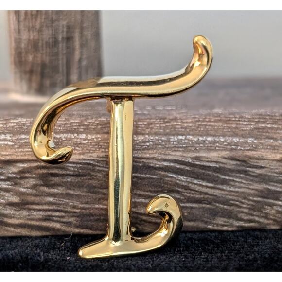 Vintage Signed Anne Klein Monogram Initial 'T' Gold Tone Brooch - Picture 5 of 6